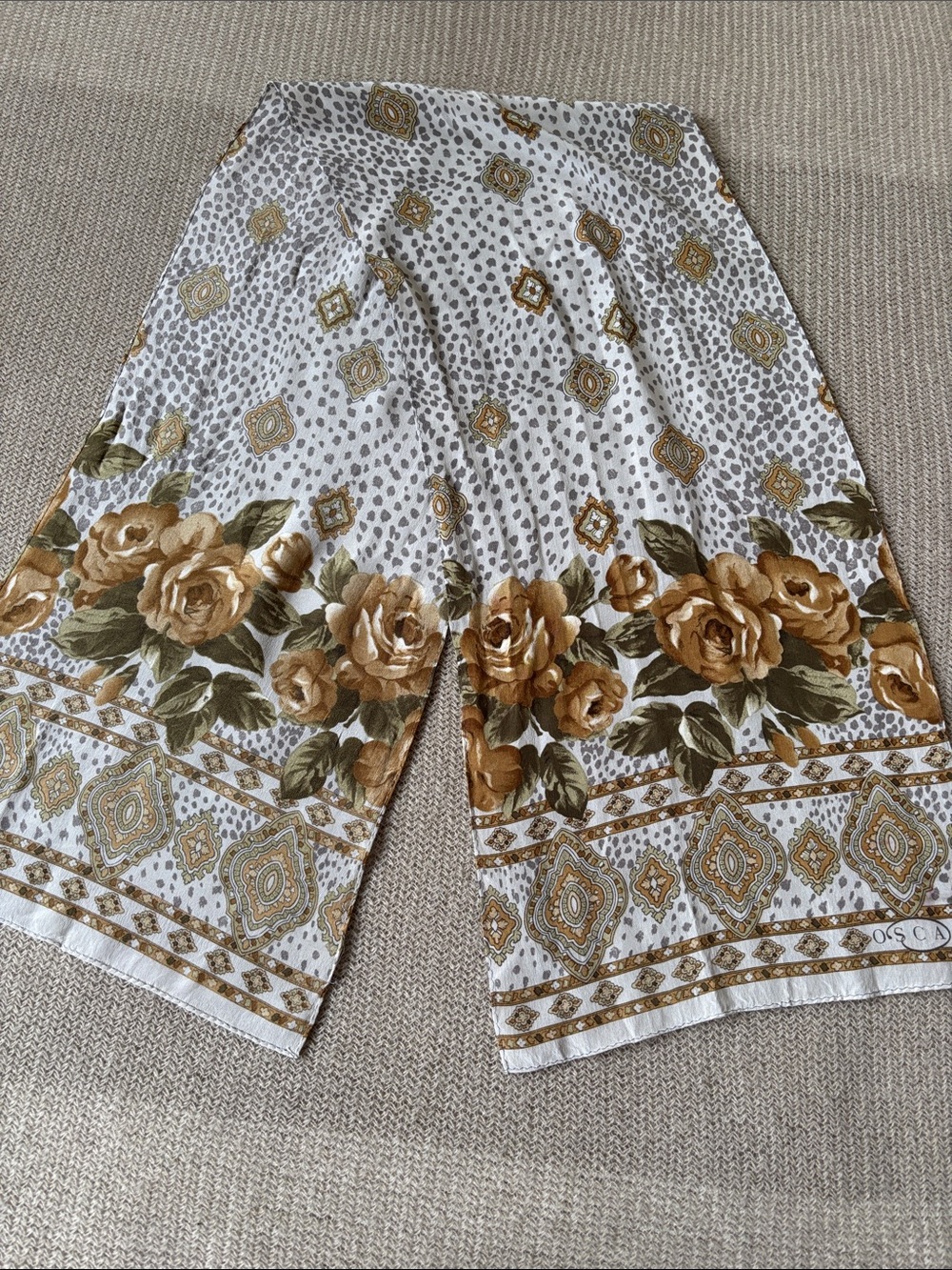 Oscar de la Renta Vintage Floral Border Maxi Scarf in Ivory and Mustard 11x50